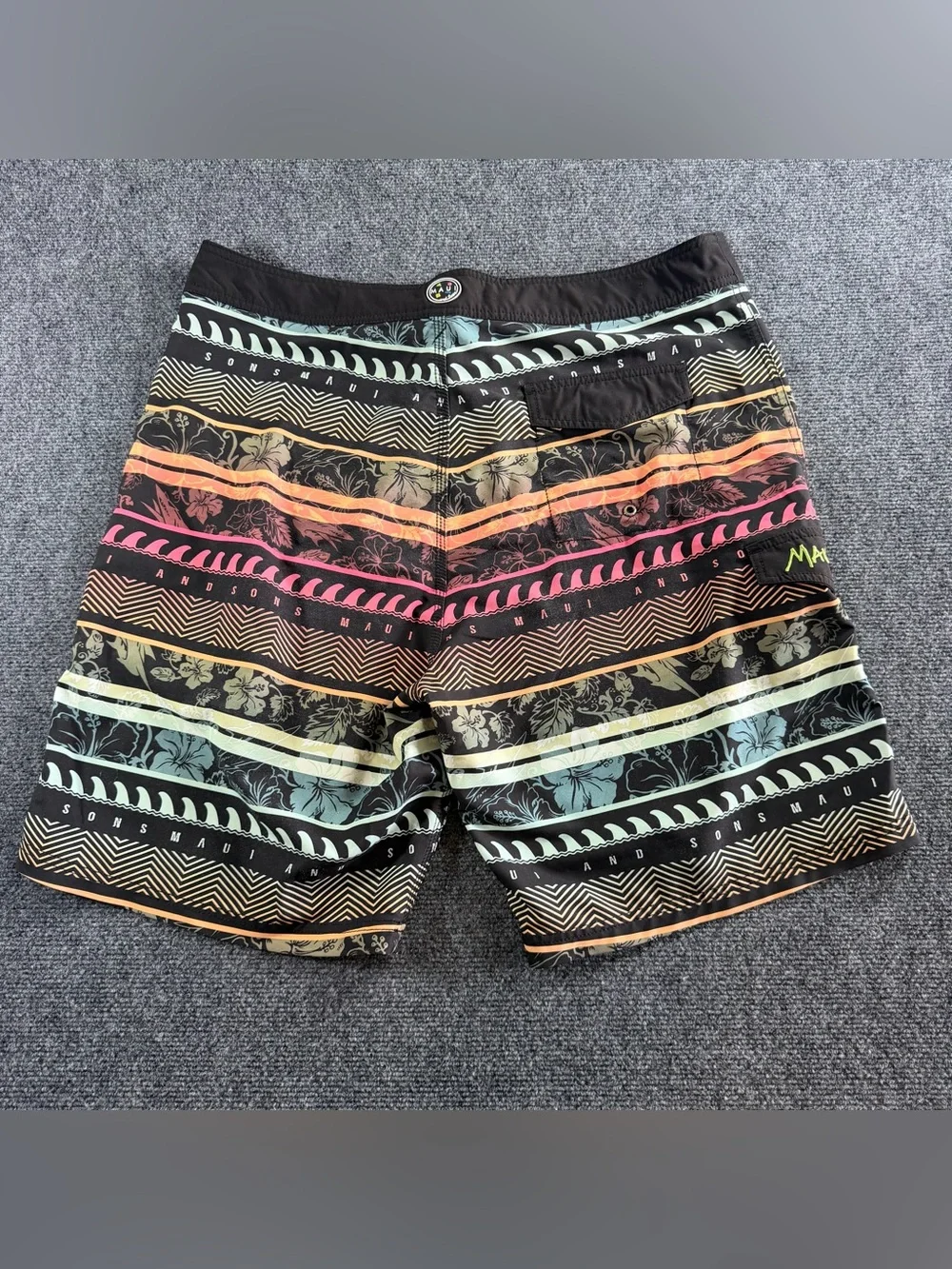 Maui and Sons Board Shorts Mens 38 Black Multicolor 4 Way Stretch Swim Trunks